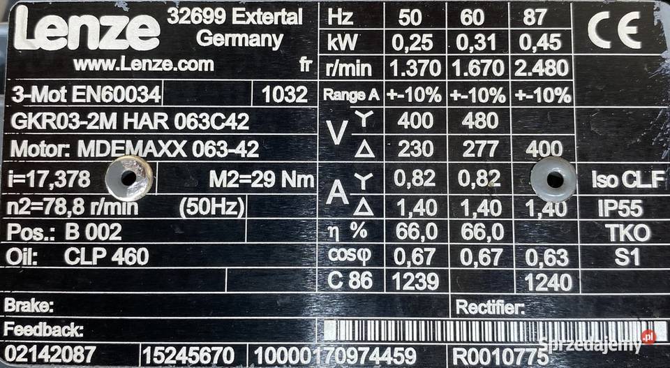 motoreduktor przekładnia 025kW 788obr 3fazowy Pigża