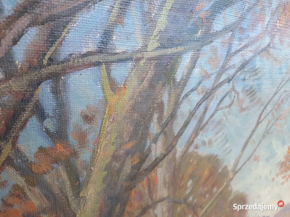 64 Pejzaż ławka w parku duży obraz sygnowany Tczew