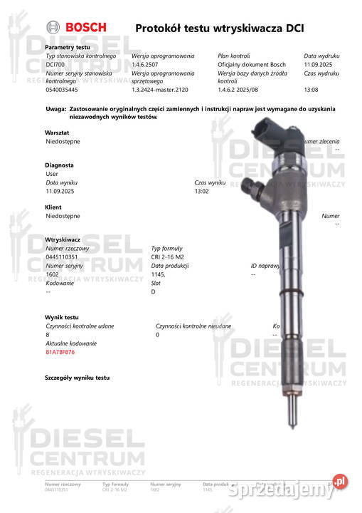WTRYSKIWACZE BOSCH KOMPLET 4 SZTUK 0445110351