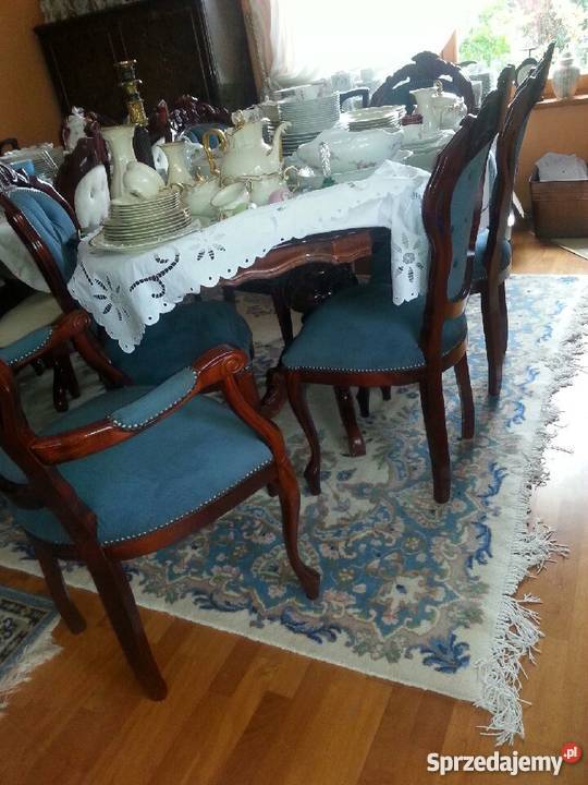 Stół z intarsją z 4 krzesłami i 2 fotelami Gdańsk