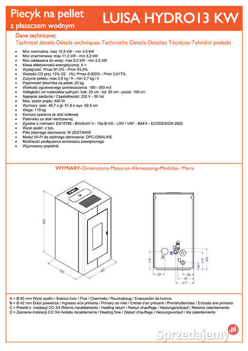 Piecyk kominkowy na pelletz płaszczem wodnym