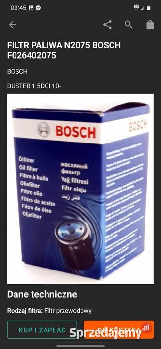 FILTR PALIWA N2075 BOSCH F 026 402 075 Bydgoszcz