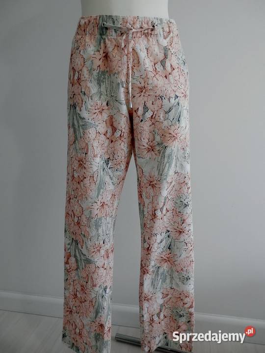 Spodnie Lniane Len Bawełna Białe Kwiaty Łomża