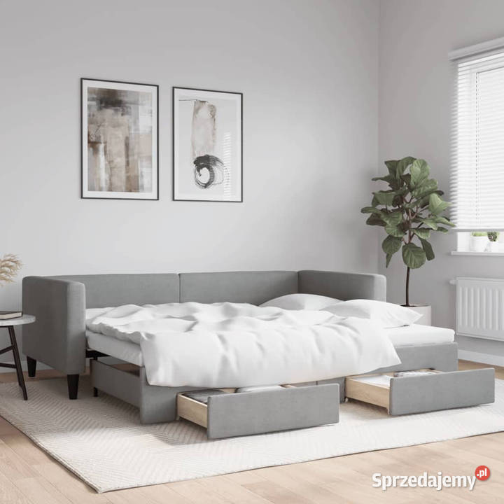 Sofa rozsuwana z szufladami jasnoszara tkanina Łóżka