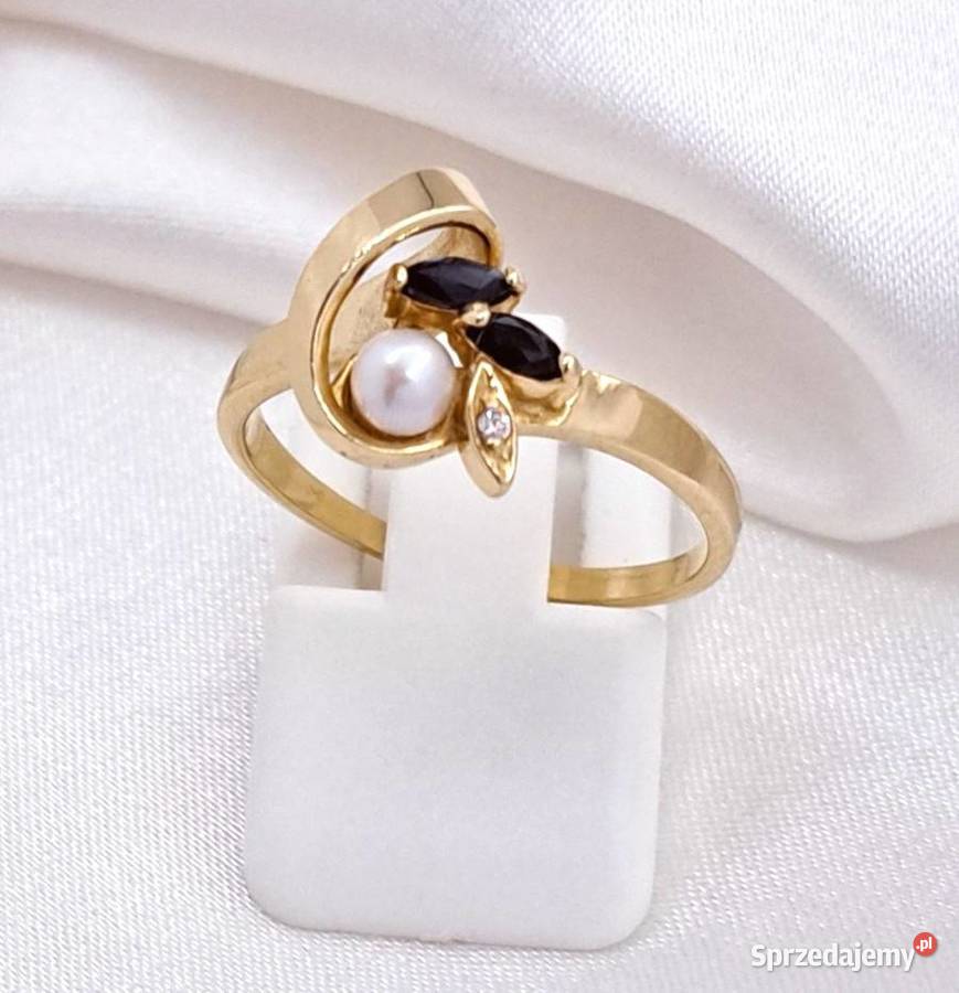Pierścionek r16 Złoty pr585 Perła i szafiry Z649 Poznań