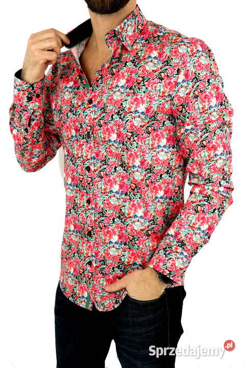 DANIEL BESSI Koszula Męska Fb044 Czerwona Kwiaty