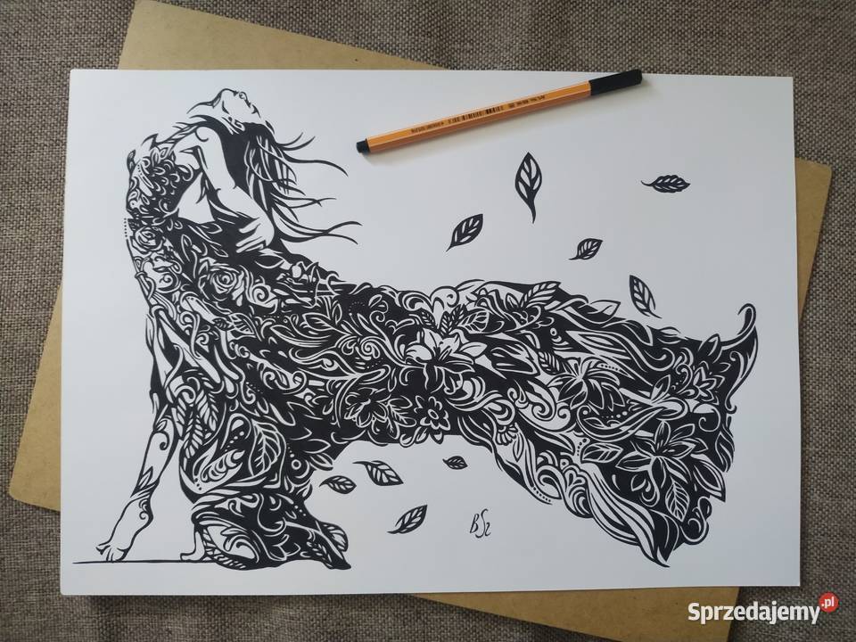 Rysunek kobieta w sukni cienkopis blok tech A3 Malarstwo