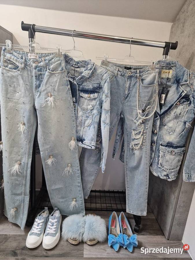Spodnie Jeansowe Xs S M piórka perełki Dżins  Żywiec