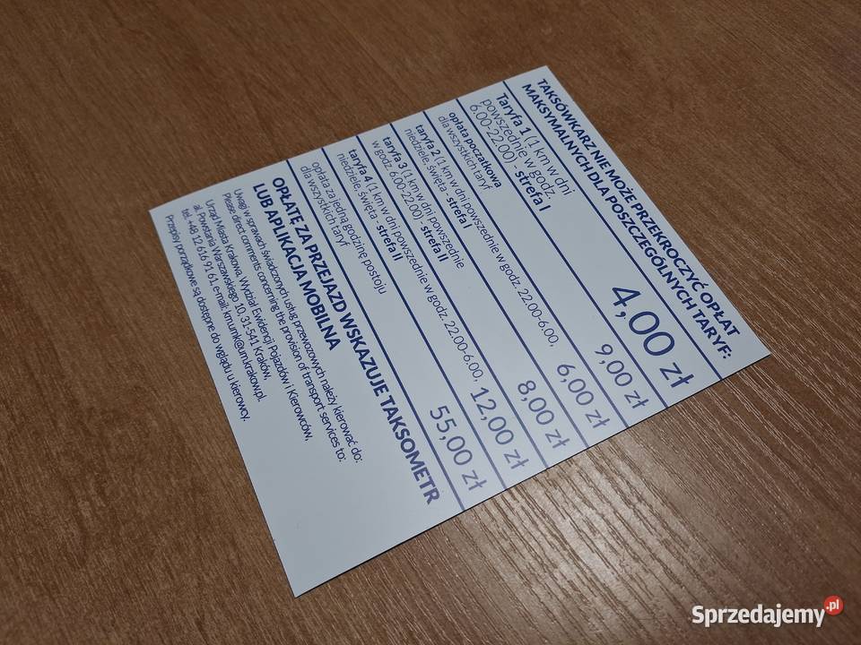 Naklejka z taryfami taxi ceny cennik Kraków