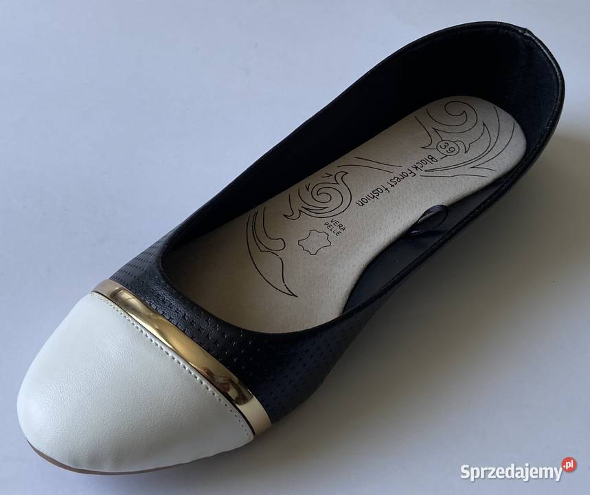 Czarne baleriny z białym czubkiem skórzana 23cm mazowieckie Żyrardów