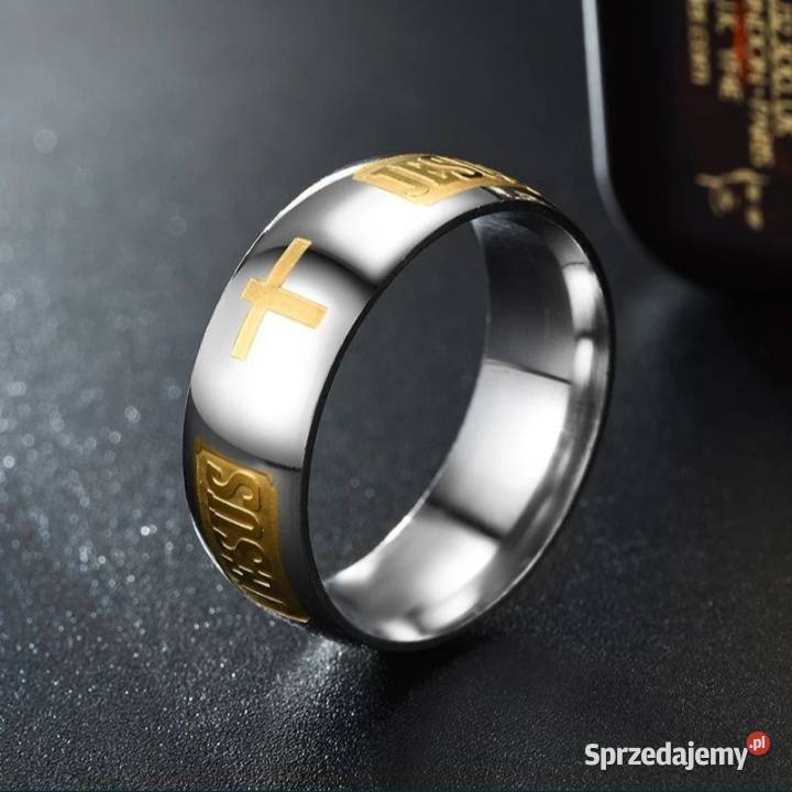 Obrączka grawerowana rózne Jezus z krzyż stal Starachowice