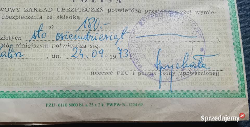 Zabytkowy druczek PZU wniosek na polisę Antykwariat Koźminek