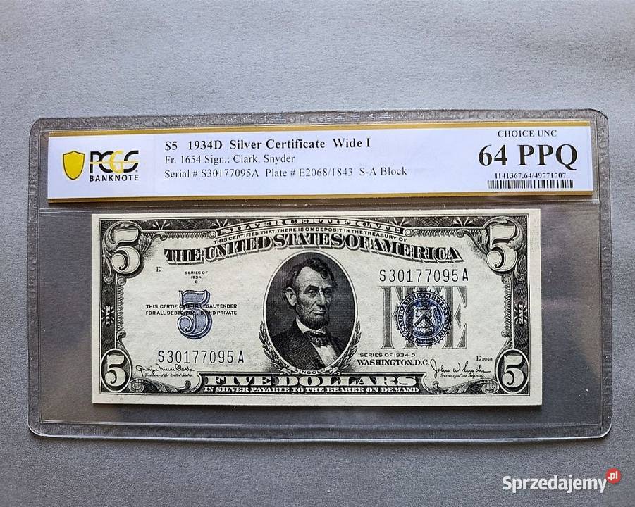 USA 5 Dolarów 1934 r Silver Certyficate PCGS 64 Węgorzewo