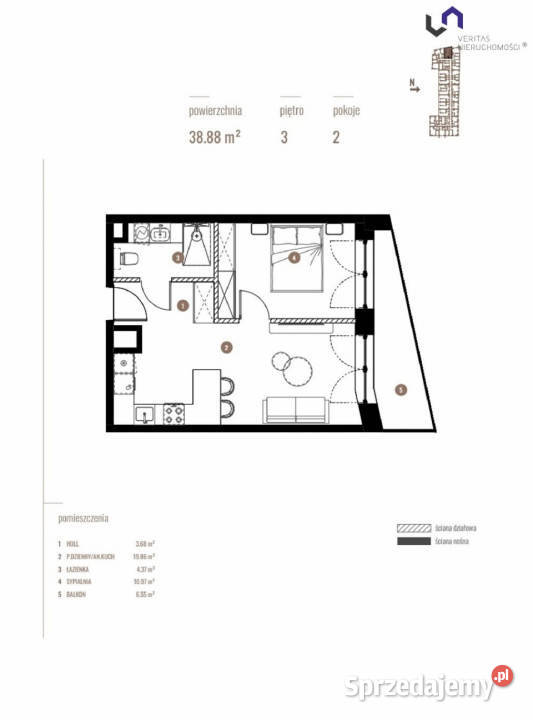 Mieszkanie Katowice Katowicka 3888m2 2 pokoje Piętro 3