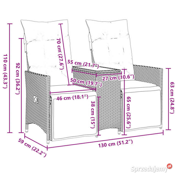 Rozkładana sofa ogrodowa 2 os ze stolikiem szara mazowieckie