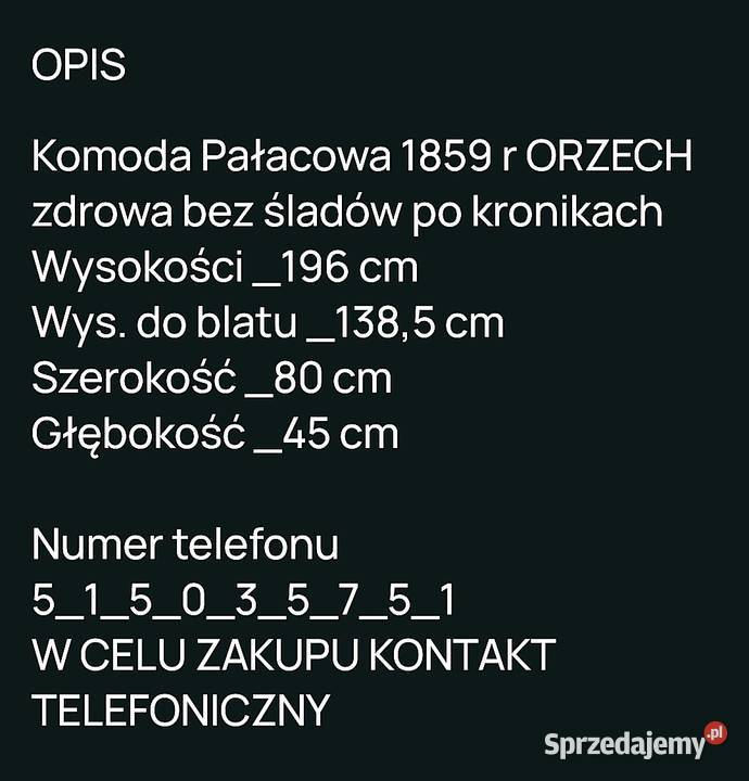 Komoda Pałacowa 1859 r ORZECH wys 196 Węgorzewo