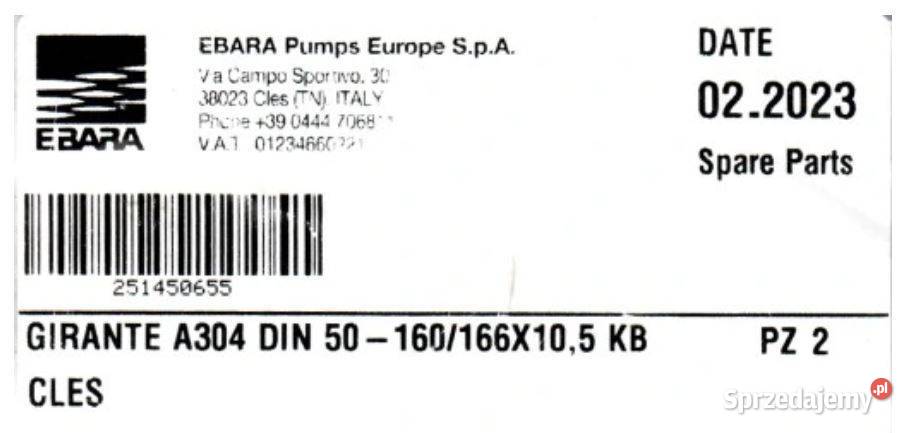 WIRNIK POMPY EBARA A304 Din 50160166x105 Pozostałe Pszczyna