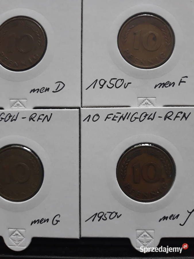10 Fenigów RFN 1950 r men DFGJ zestaw Numizmatyka wielkopolskie Konin