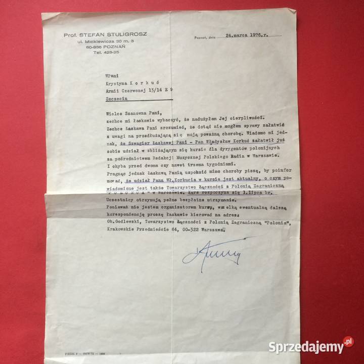 1265 List Profesora Stefana Stuligrosza z 1976 Szczecin