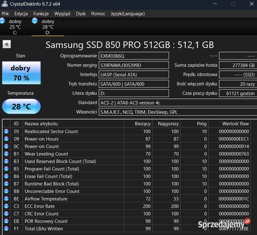 Dysk twardy Samsung 850 PRO 512GB SATA 25 SSD Wieliczka