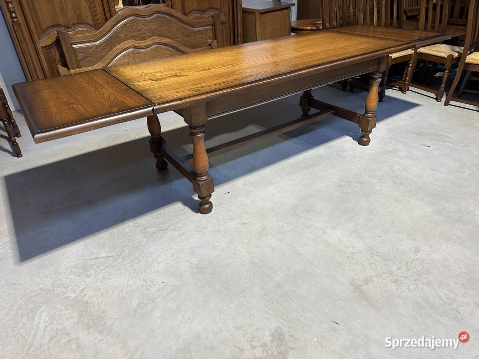 Masywny dębowy stół rozkładany 3m 12 krzeseł 100 wielkopolskie Sławoszewek
