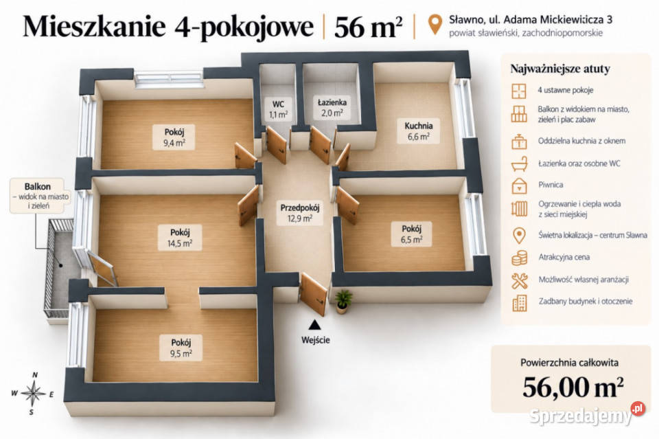 Słoneczne Mieszkanie 56 m Widok na miasto Sławno sprzedam