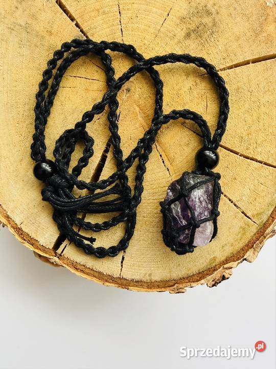 Naszyjnik makrama z kamieniem ametyst Naszyjniki Łomża sprzedam
