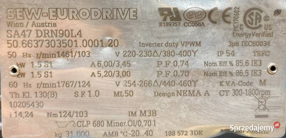 motoreduktor przekładnia 15kW 203obr SEW Pigża