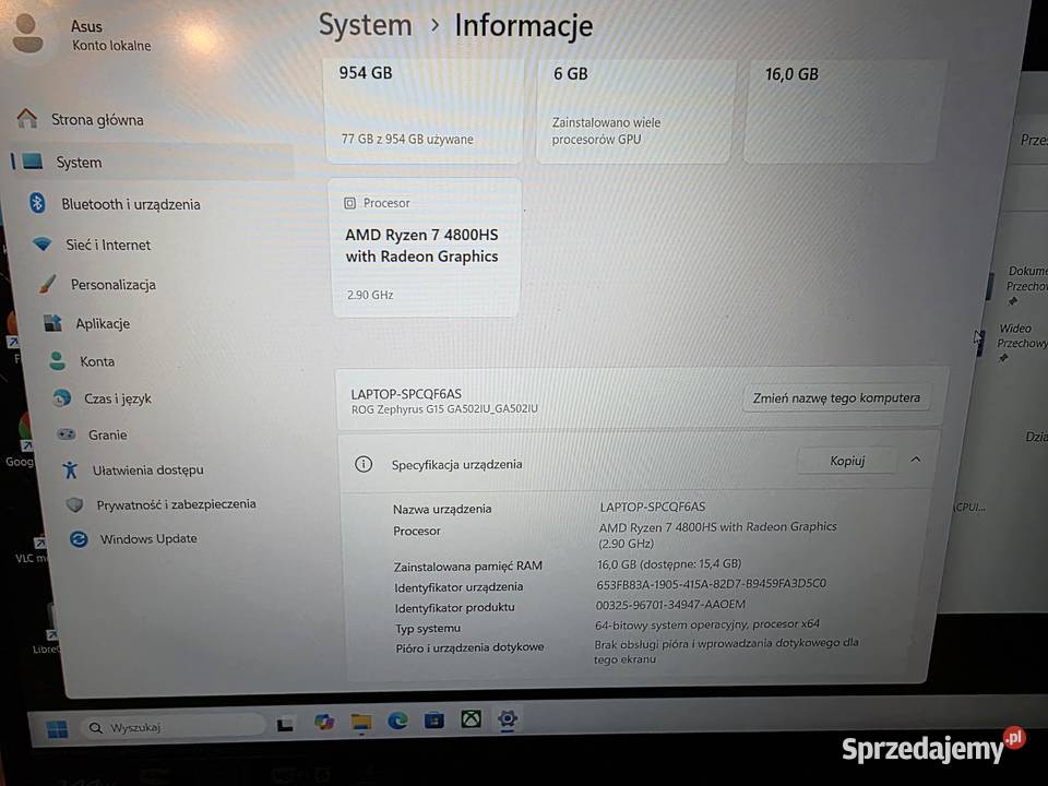 Laptop ASUS ROG Zephyrus G15 GA502IU 156 15-15.9" małopolskie Chrzanów