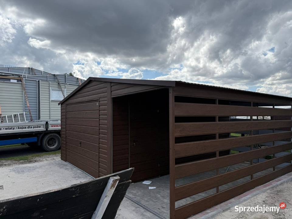 Garaż blaszany Ciemny Orzech 65 Dwuspadowy Wiata Bachury