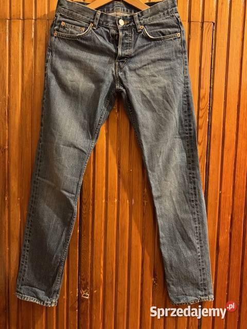 Jeansy męskie w28 L32 granatowe z przetarciami Rozmiar XS
