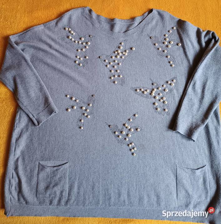 Sweter szary z ozdobnymi perełkami wiskoza Rozmiar 54 Cieszyn