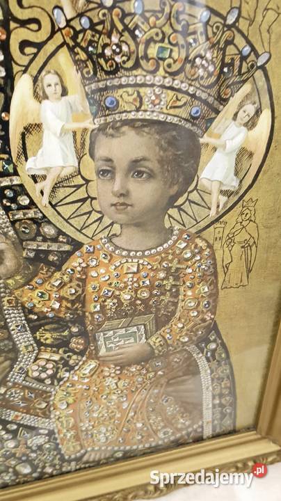 Stary duży obraz MB Częstochowskiej szkłem