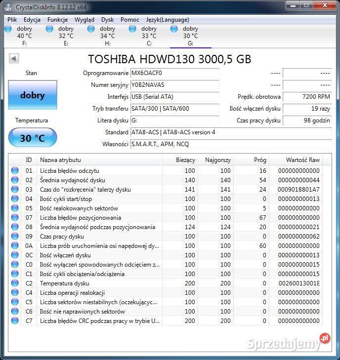 Toshiba HDD 3TB SATA 35 7200RPM mało używany
