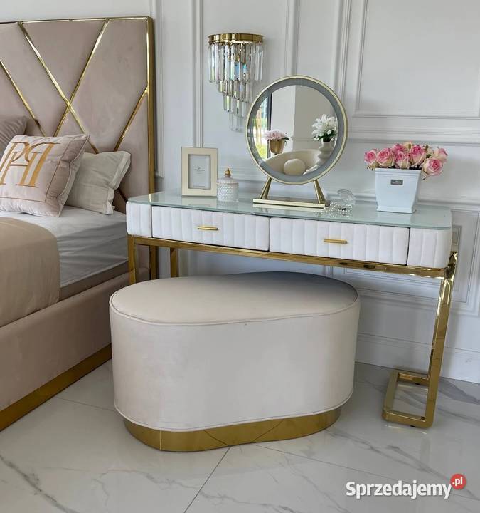 Pufa owalna glamour beżowa złota do sypialni 90cm