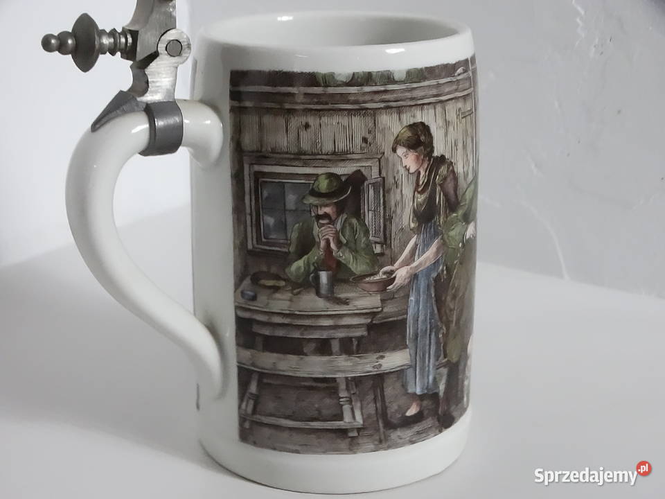 Zabytkowy porcelanowy kufel z cynową pokrywką Szklanki i kufle Biłgoraj