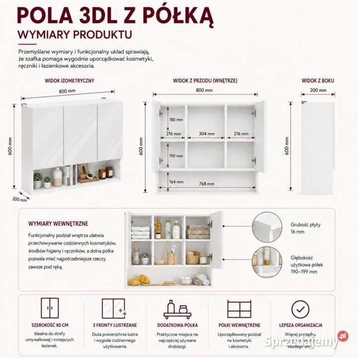 Szafka łazienkowa wisząca z lustrem i półką