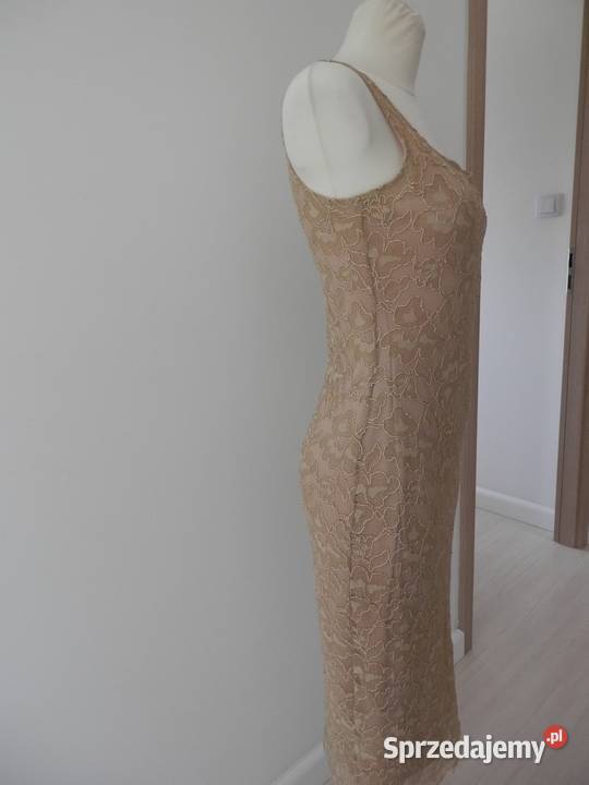Sukienka Tiulowa Beżowa na Wesele Dopasowana Łomża