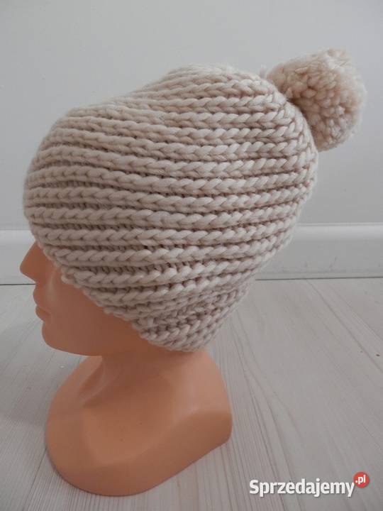 Czapka Zimowa Wełniana Slouchy z Pomponem Gruby Łomża
