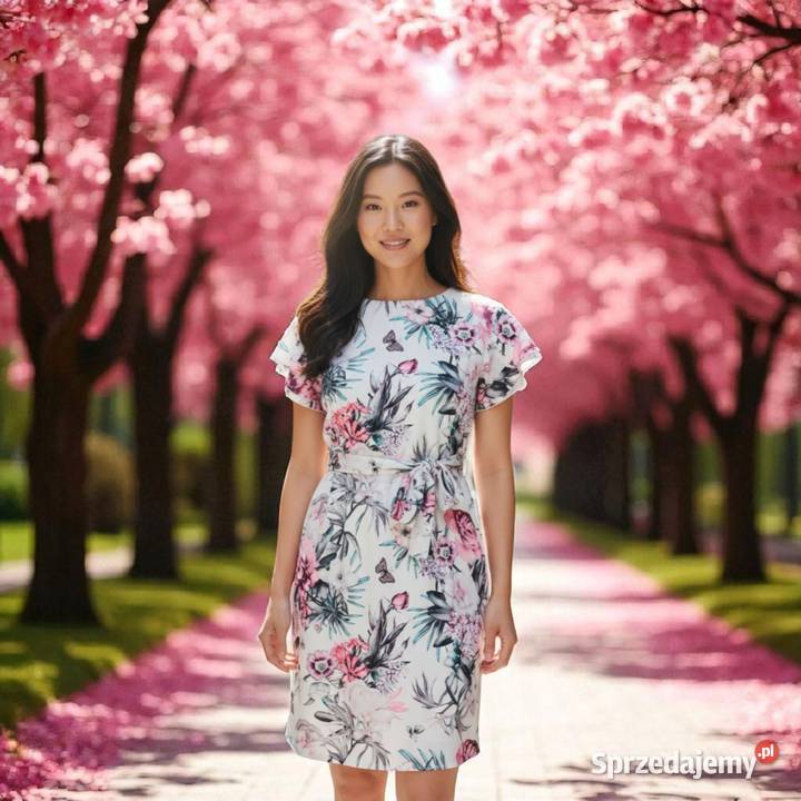 Sukienka damska elegancka kwiaty falbana wiązana Wieluń sprzedam