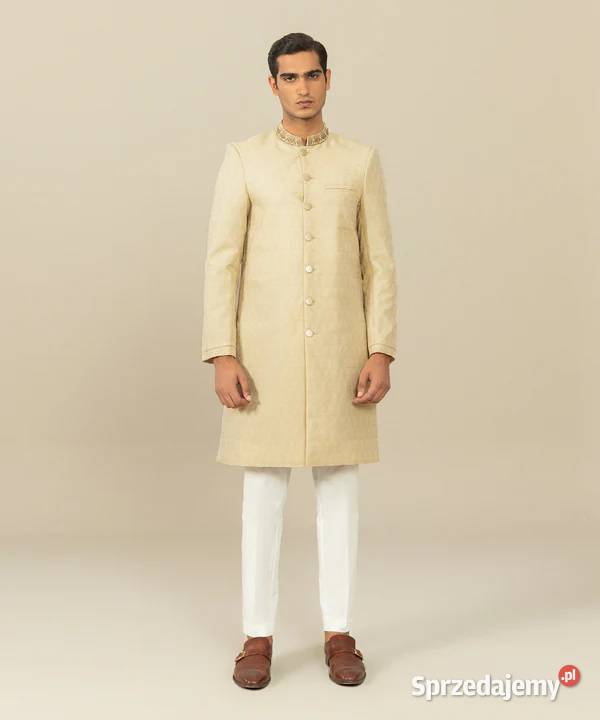 Elegancki indyjski sherwani achkan kremowy haft Szczecin