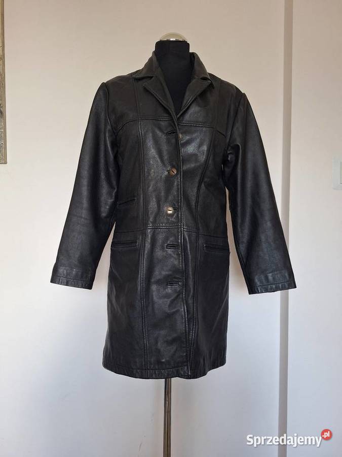 Piękny czarny skórzany czarny płaszcz skóra Kraków
