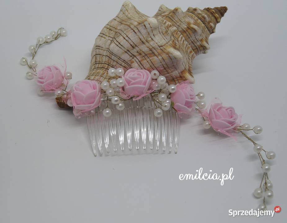 Stroik Gałązka Grzebyk Różowe Kwiatki i Perełki Zielona Góra