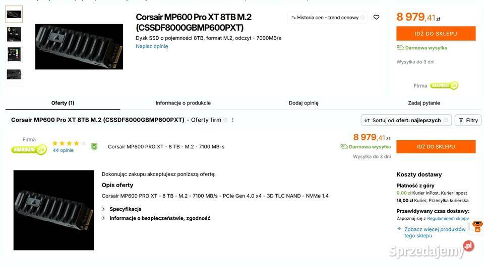 Dysk SSD Corsair MP600 Pro XT 8TB M2 nVme 8000GB Tarnów