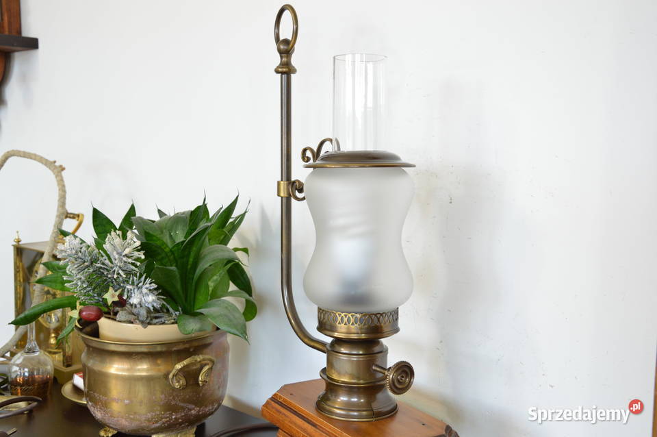 elektryczna lampa naftowa drewno mosiądz stara Antyki Jastrzębie-Zdrój
