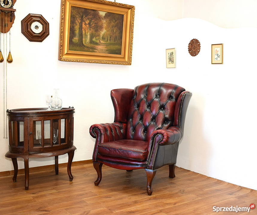 Fotel chesterfield piękny uszak skóra pikowany Meble Antyki, Sztuka, Kolekcje dolnośląskie Świdnica