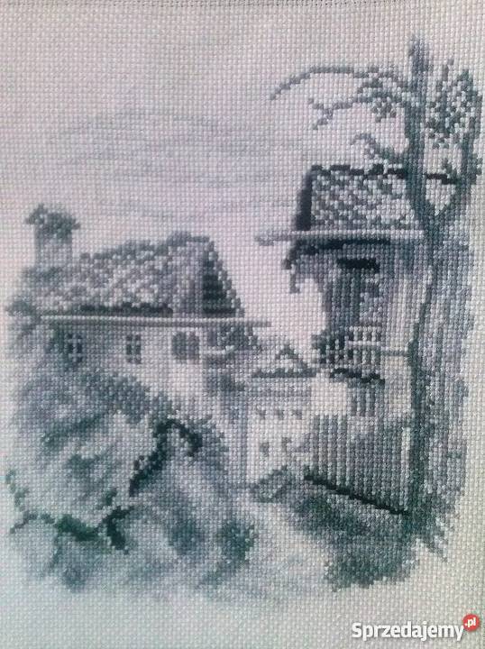 Piękny PEJZAŻ obraz haft krzyżykowy odcienie szarości Dekoracje i ozdoby Tarnów