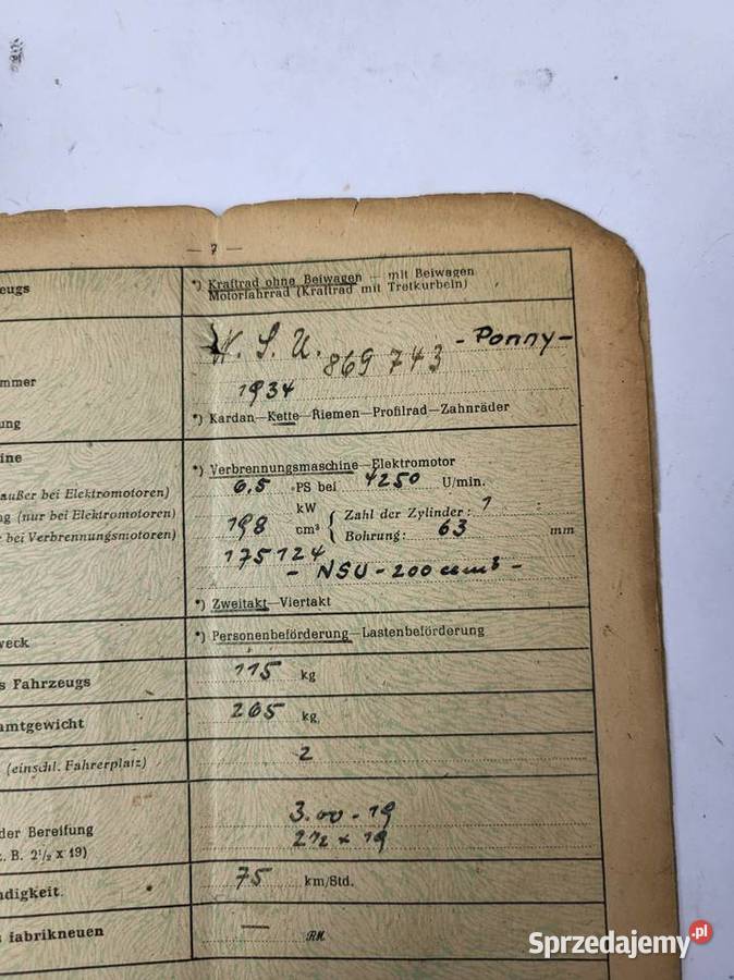 DOWÓD REJSTRACYJNY BRIF NSU PONY 1934 Akcesoria motocyklowe Rybnik