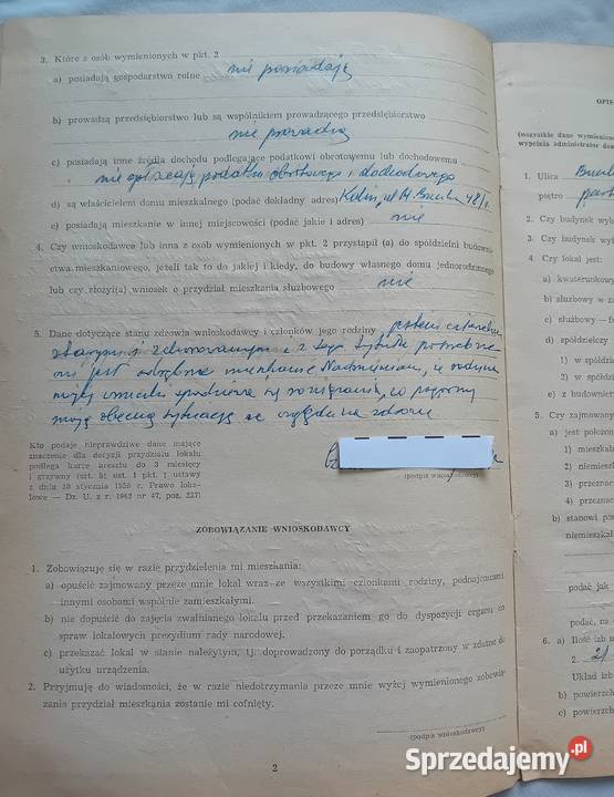 Dokument z PRL wniosek o przydział mieszkania Koźminek