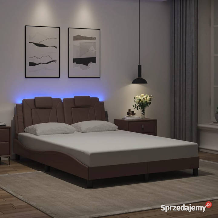 Rama łóżka z LED brązowa sztuczna skóra 140x200